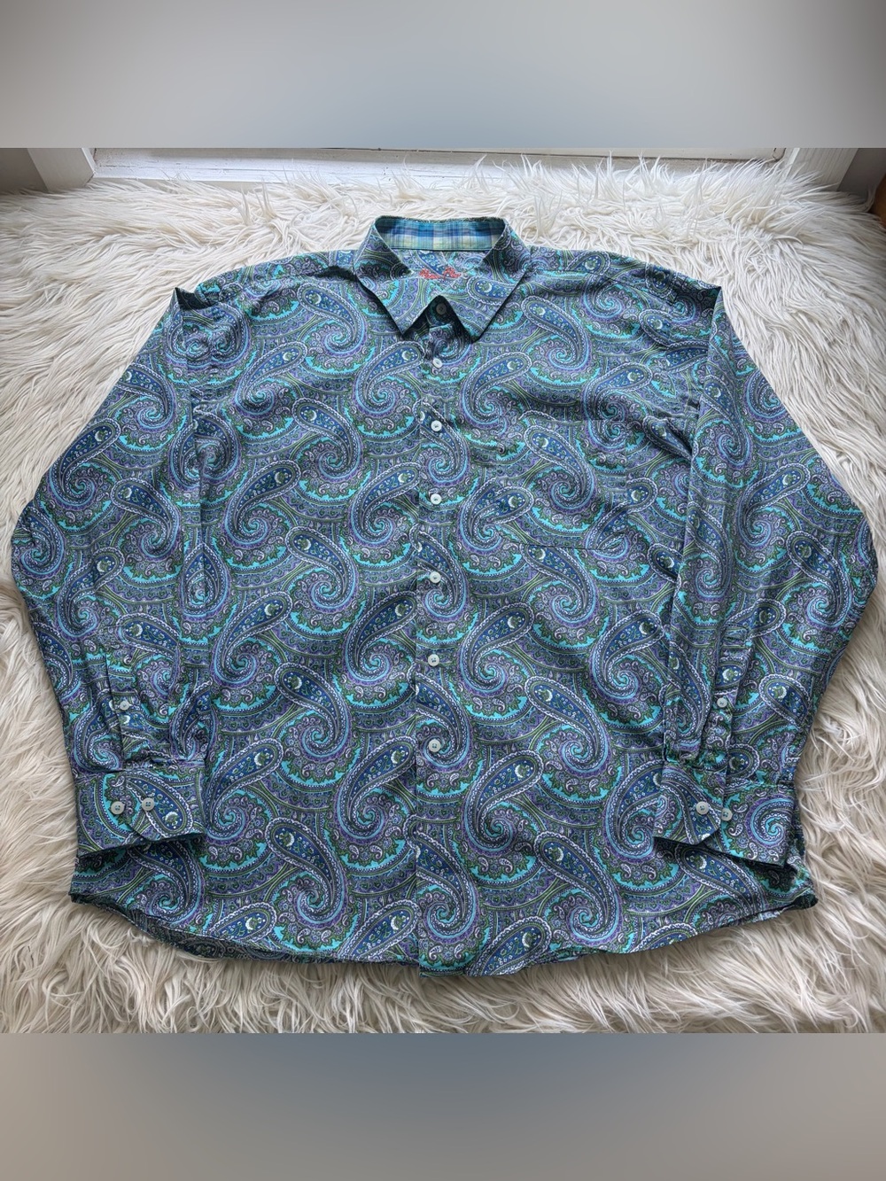 Alan Flusser Men XXL Paisley Button Down Shirt Blue 100% Cotton Long Sleeve